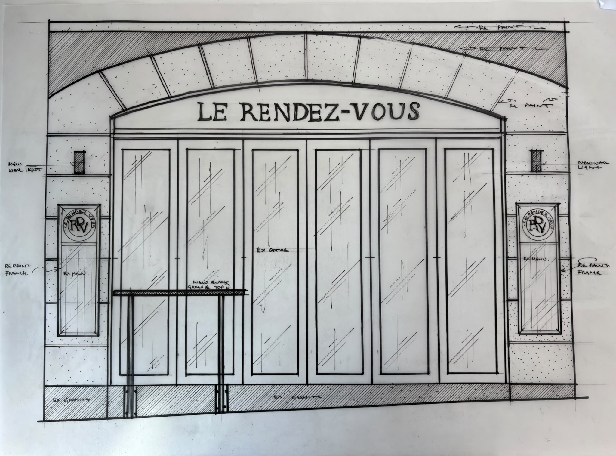 Architectural line drawing of the Le Rendez-Vous storefront on Elgin Street